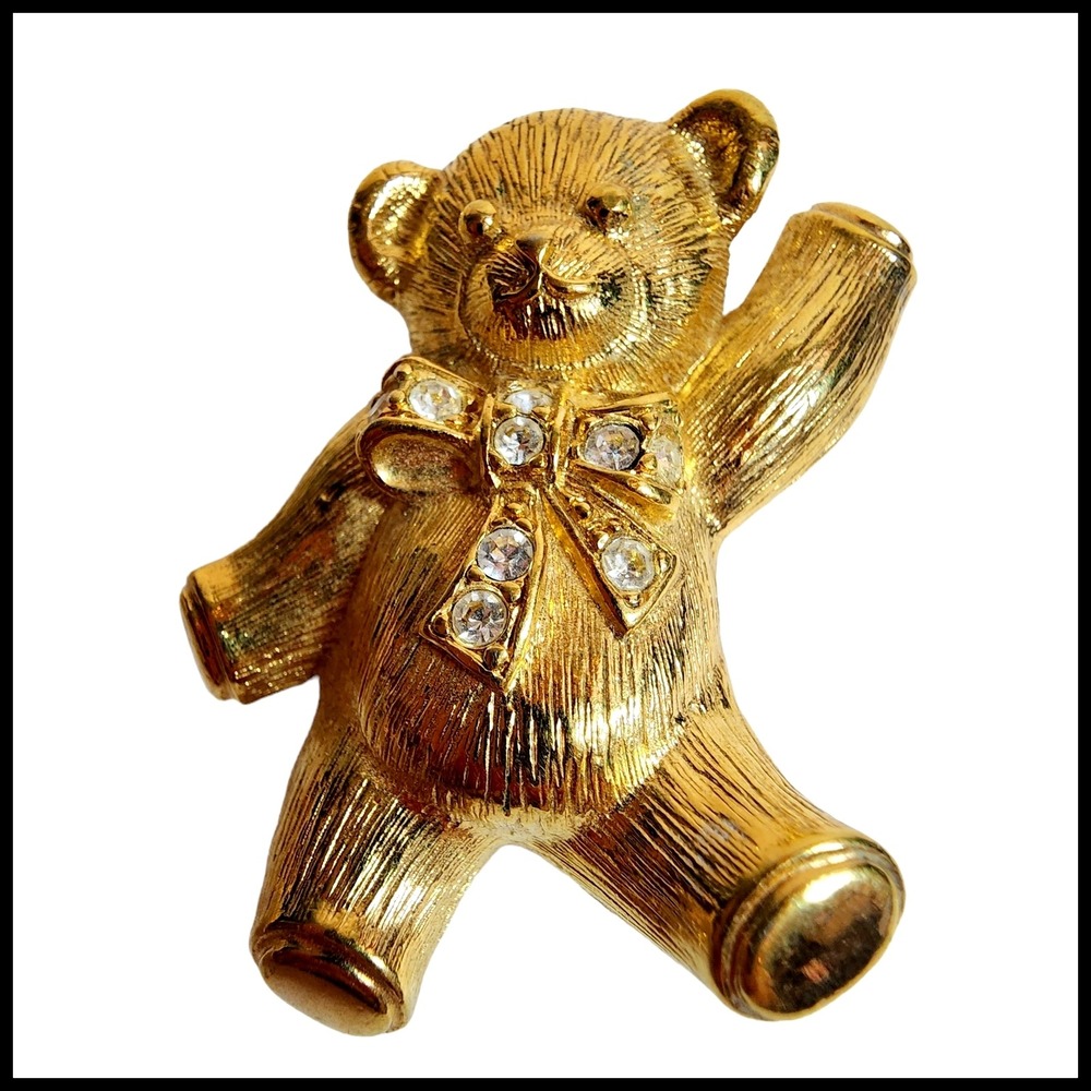 Vintage AVON Gold Tone Bow Rhinestone Teddy Bear Brooch Pin